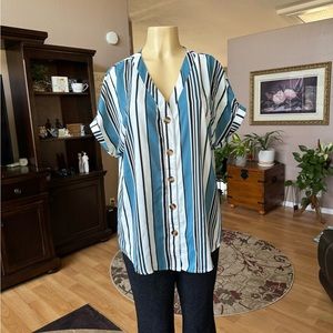 Pinkmarca blue, black & white short sleeve Vneck blouse-size XL